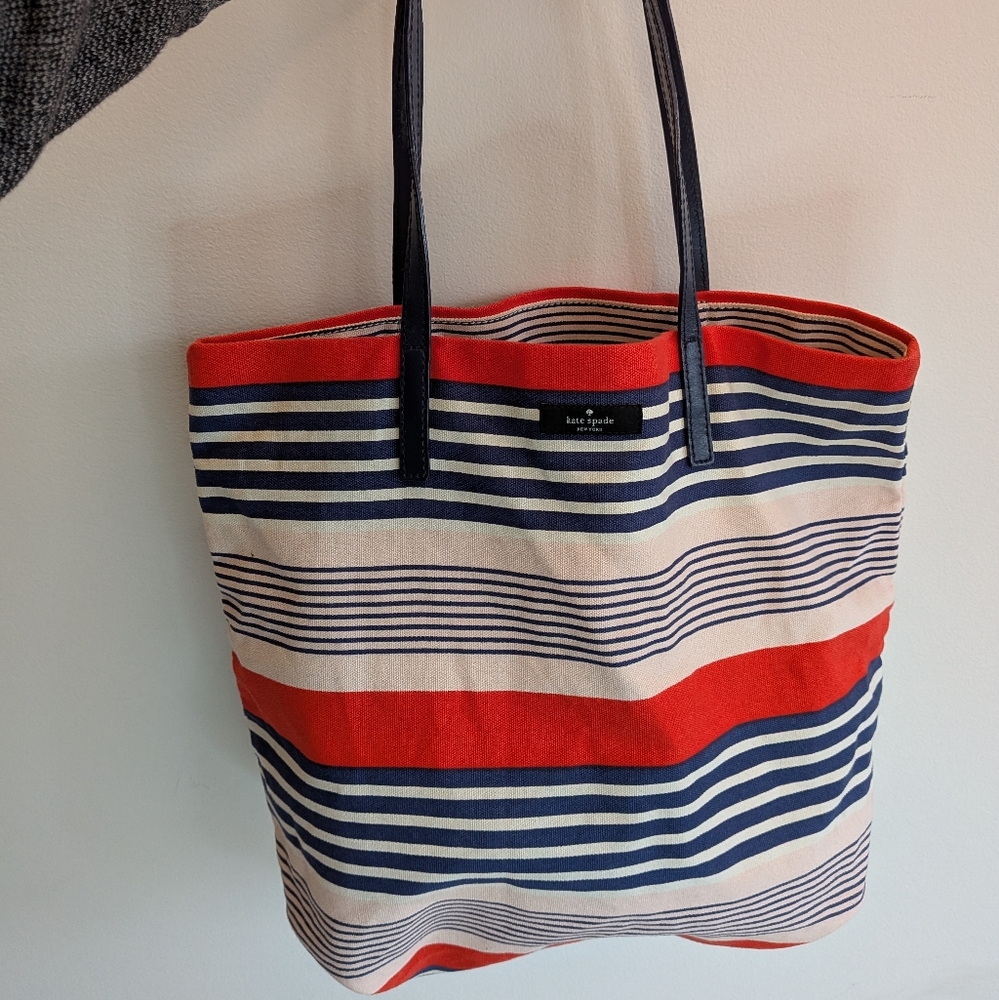 Kate Spade Striped Canvas Bon Shopper Tote Bag Shoulder Retro Nautical